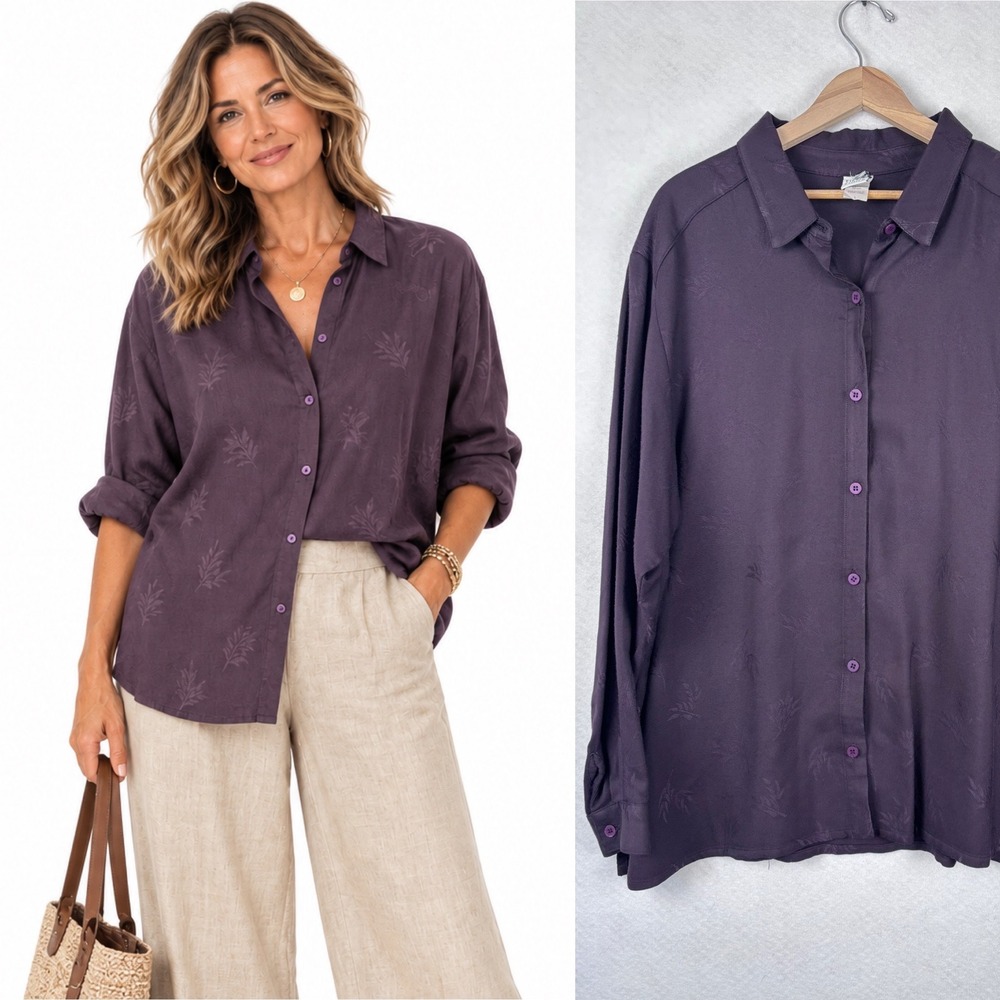 Eileen Fisher Silk Rayon Jacquard Button Down Shirt L Plum Purple Office Casual